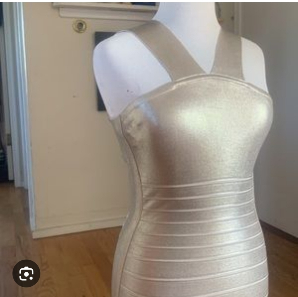 MARCIANO GOLD CHAMPAGNE BANDAGE mini Dress Y2K formal Designer Luxury Stretch
